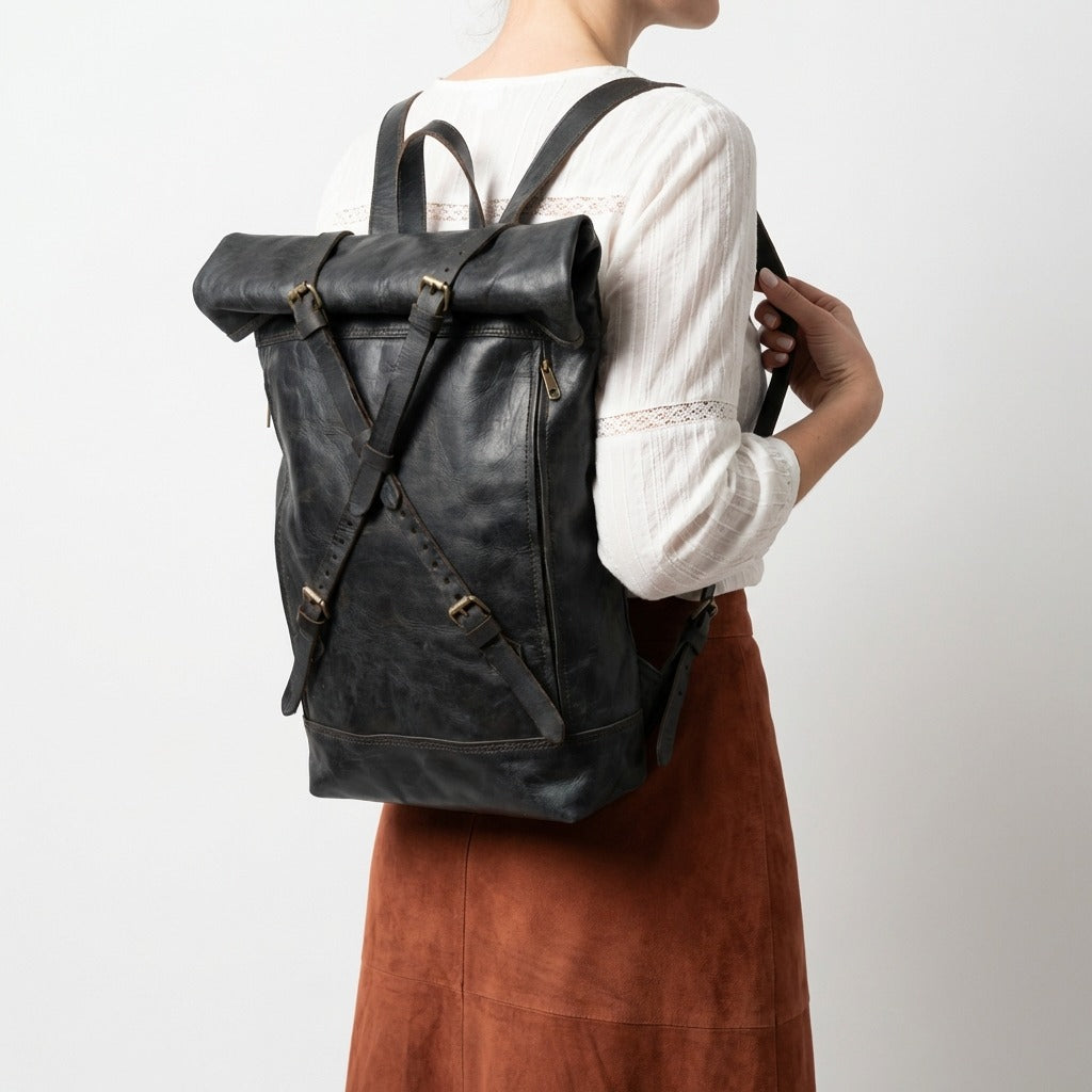 Vintage Leather Roll Top Backpack Handmade Laptop Travel Rucksack