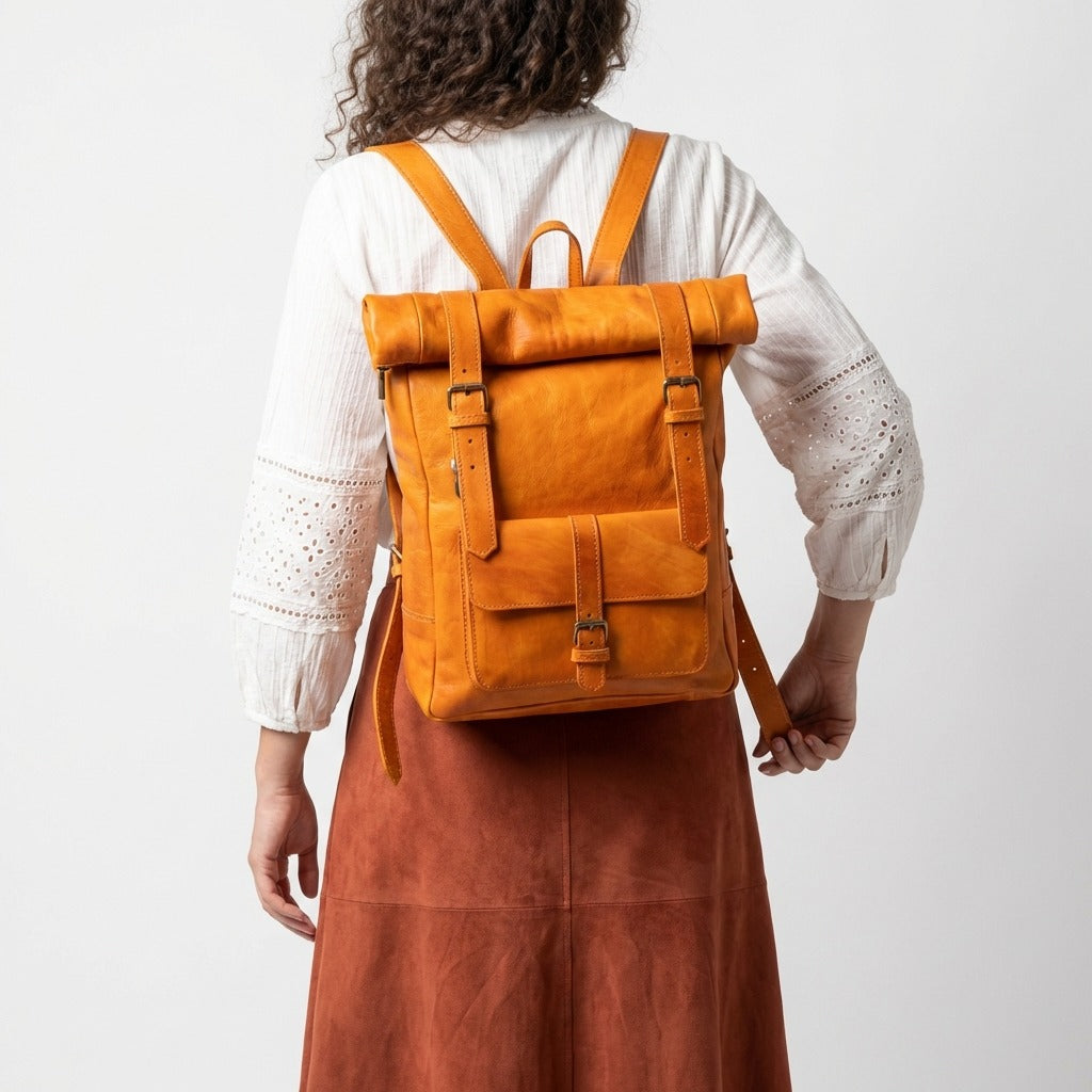 Vintage Leather Roll Top Backpack Large Travel Rucksack