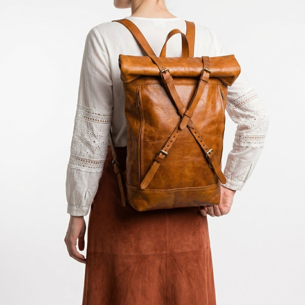 Vintage Leather Roll Top Backpack Handmade Laptop Travel Rucksack