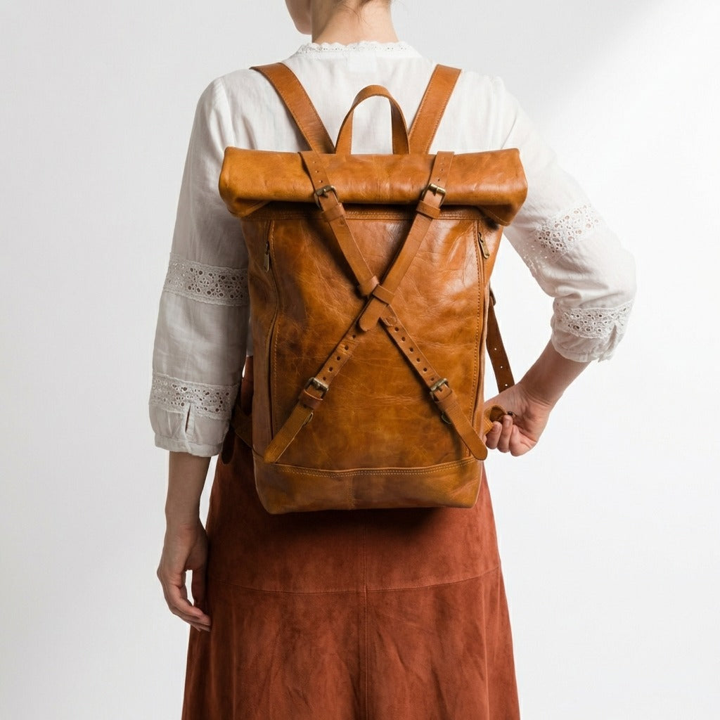 Vintage Leather Roll Top Backpack Handmade Laptop Travel Rucksack