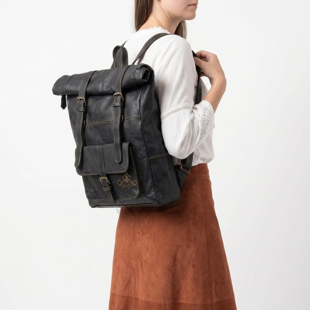 Vintage Leather Roll Top Backpack Large Travel Rucksack