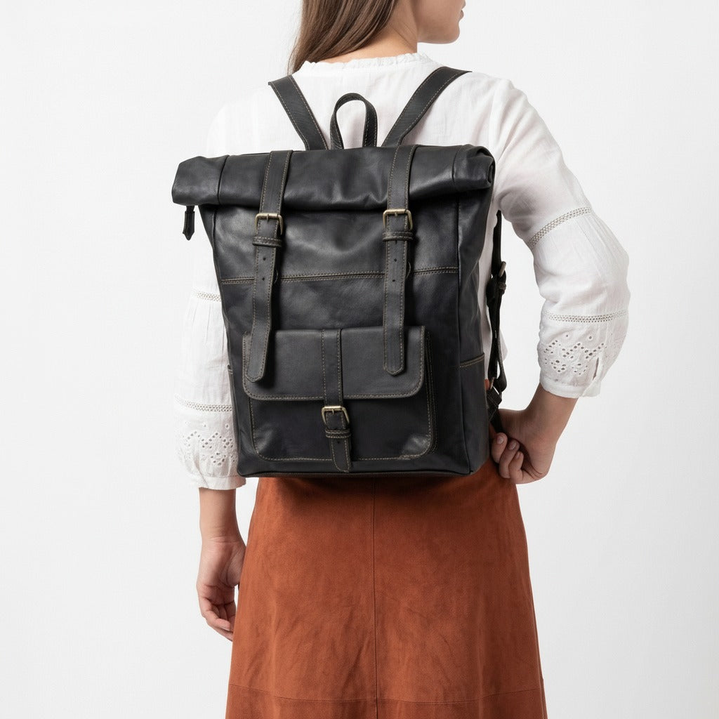 Vintage Leather Roll Top Backpack Large Travel Rucksack