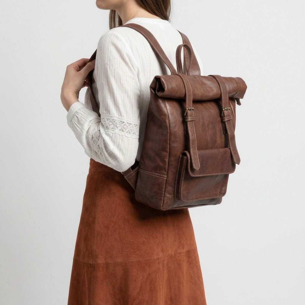 Vintage Leather Roll Top Backpack Large Travel Rucksack
