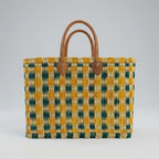 Handmade Reed Market Basket Tote Bag - Orange Green Geometric Pattern