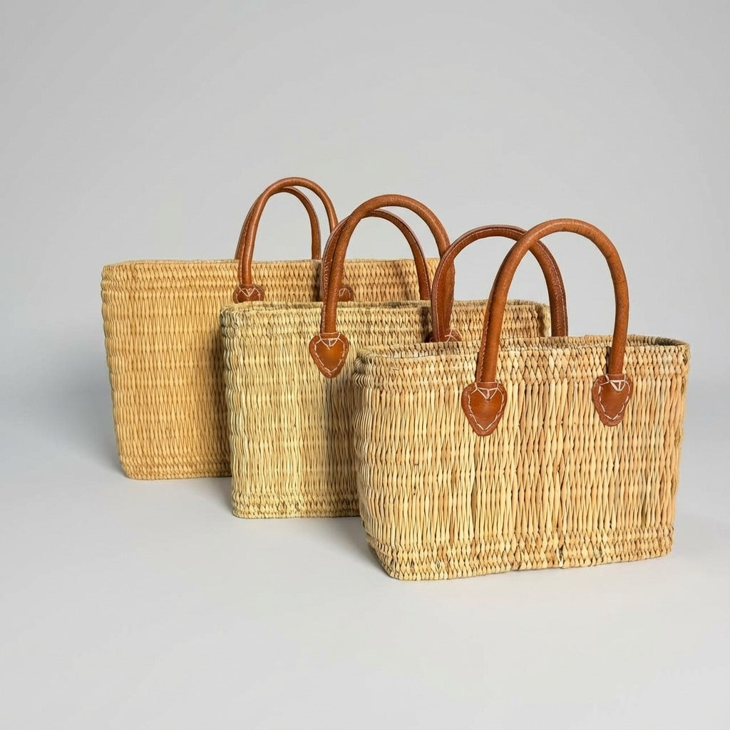 Straw Tote Bag with Leather Handles - Beach & Market Bag