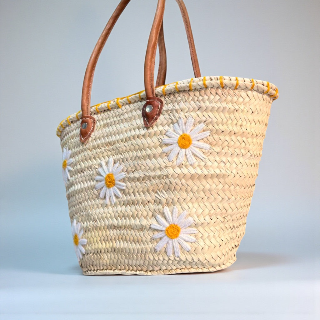 Daisy Embroidered Straw Tote Bag - Woven Summer Beach Basket