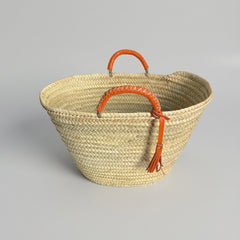 Woven Palm Leaf Market Basket Leather Handles Tassel