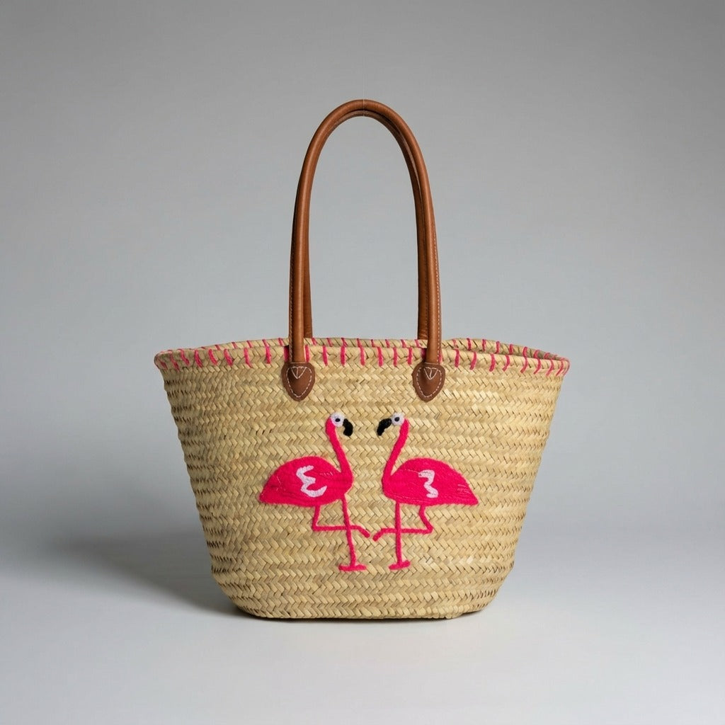 Flamingo Straw Tote Bag, Embroidered Summer Beach Basket Leather Handles