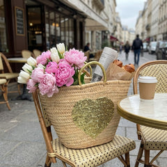 Sequin Heart Straw Beach Tote | Glamorous Glitter Handle Summer Bag