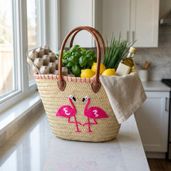 Handwoven Flamingo Straw Tote Bag with Leather Straps