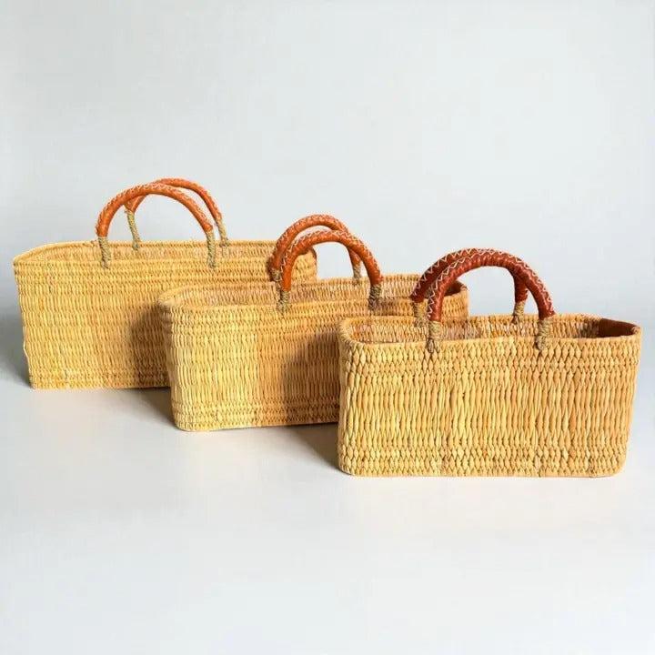 Rectangular Straw Storage Basket with Leather Handles