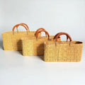 Rectangular Straw Storage Basket with Leather Handles