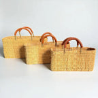 Rectangular Straw Storage Basket with Leather Handles