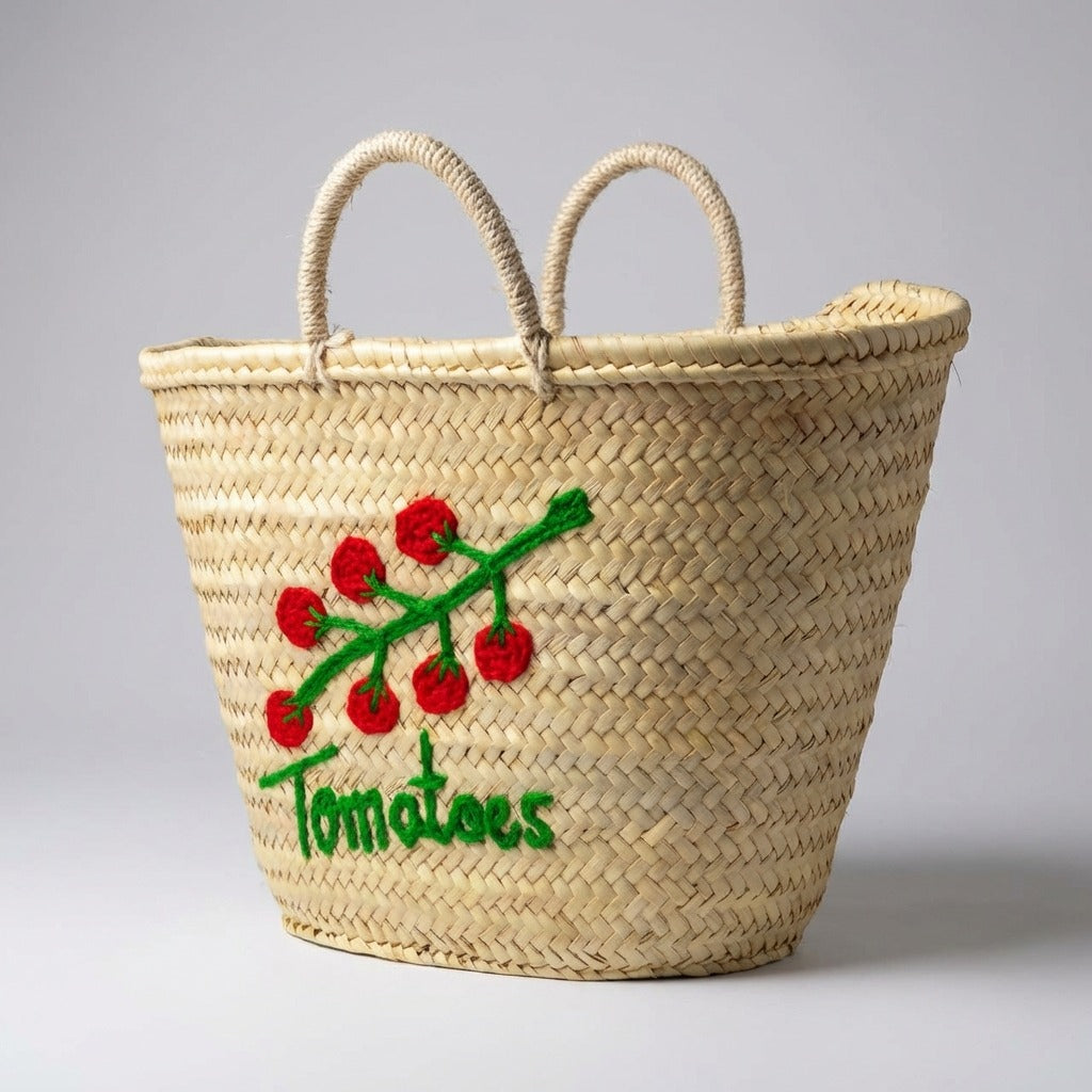 Tomato Embroidered Straw Basket - Handmade Woven Market Tote Bag