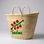 Tomato Embroidered Straw Basket - Handmade Woven Market Tote Bag