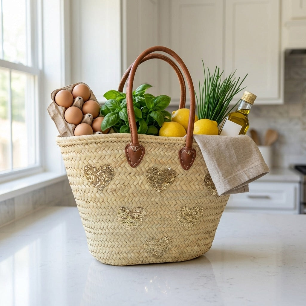 Gold Glitter Heart Straw Tote Bag with Leather Handles - Summer Beach Handbag