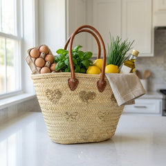 Gold Glitter Heart Straw Tote Bag with Leather Handles - Summer Beach Handbag