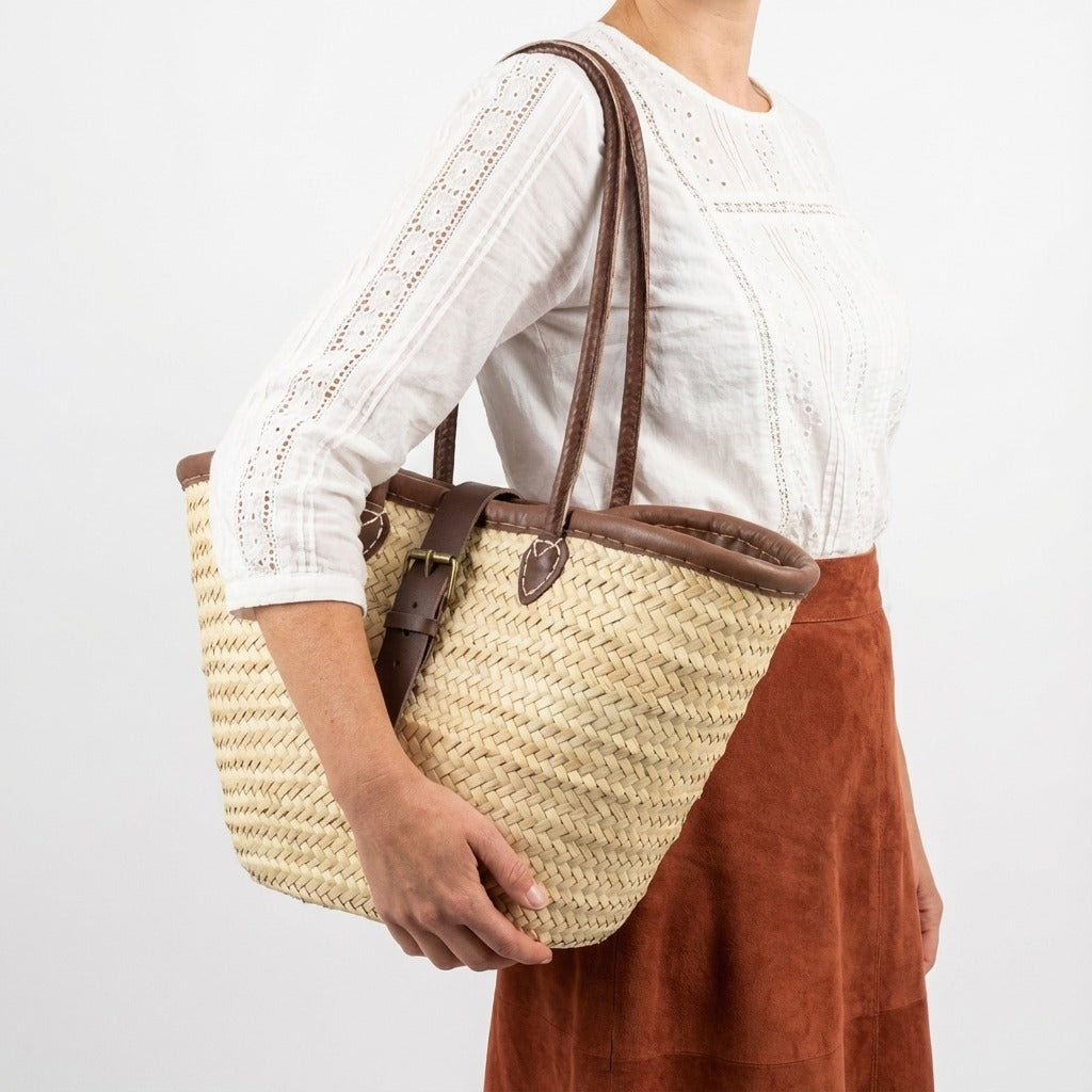 French Market Basket Straw Tote Bag with Leather Handles & Buckle Strap