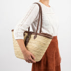 French Market Basket Straw Tote Bag with Leather Handles & Buckle Strap