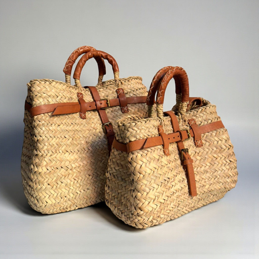 Woven Straw Tote Bag with Leather Handles & Strap - Summer Basket