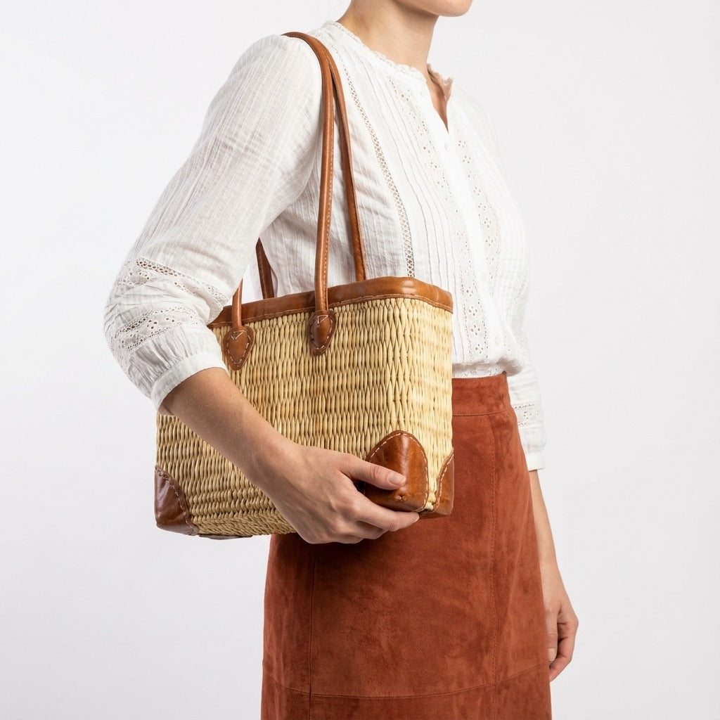 French Market Basket with Leather Handles - Woven Straw Tote Bag