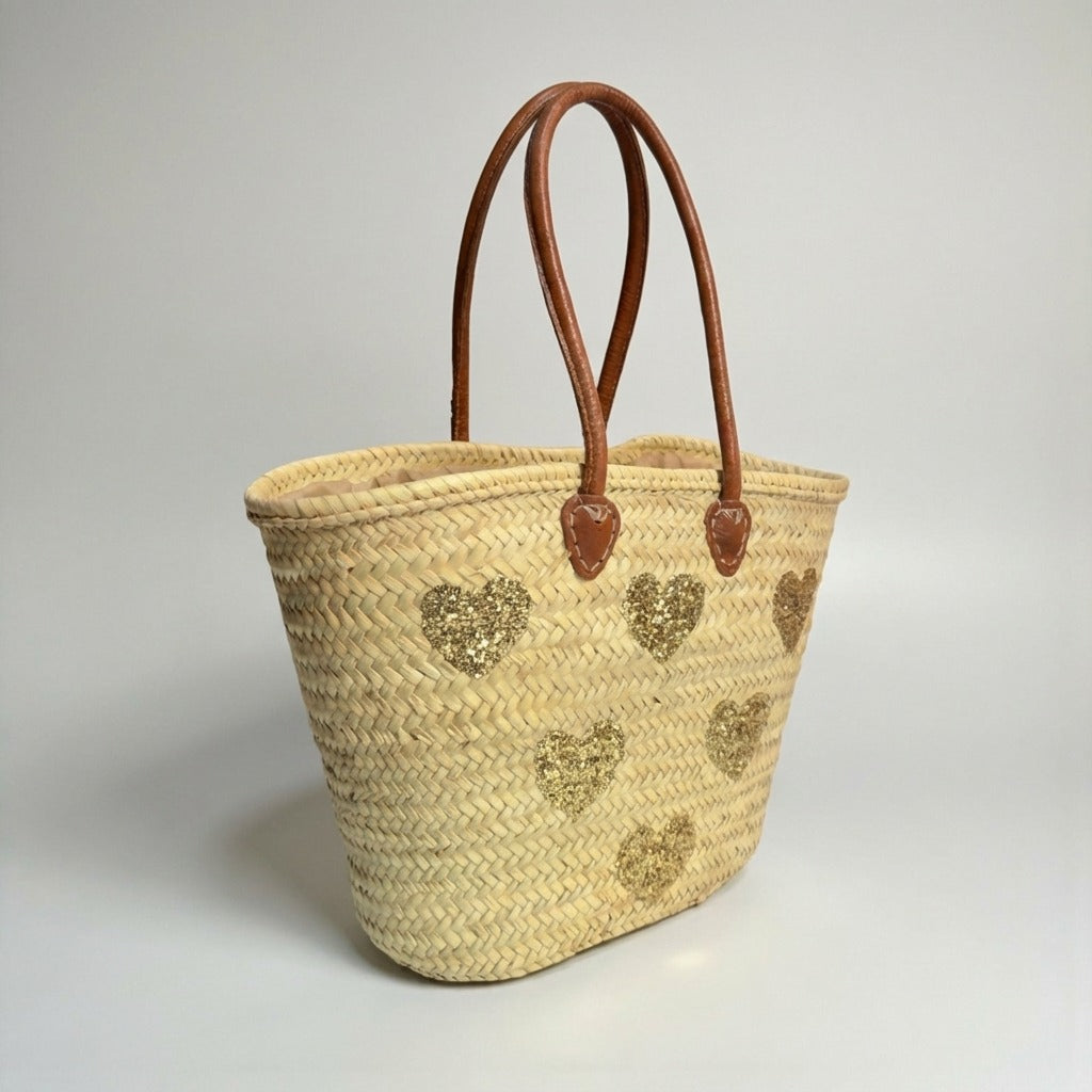 Gold Glitter Heart Straw Tote Bag with Leather Handles - Summer Beach Handbag