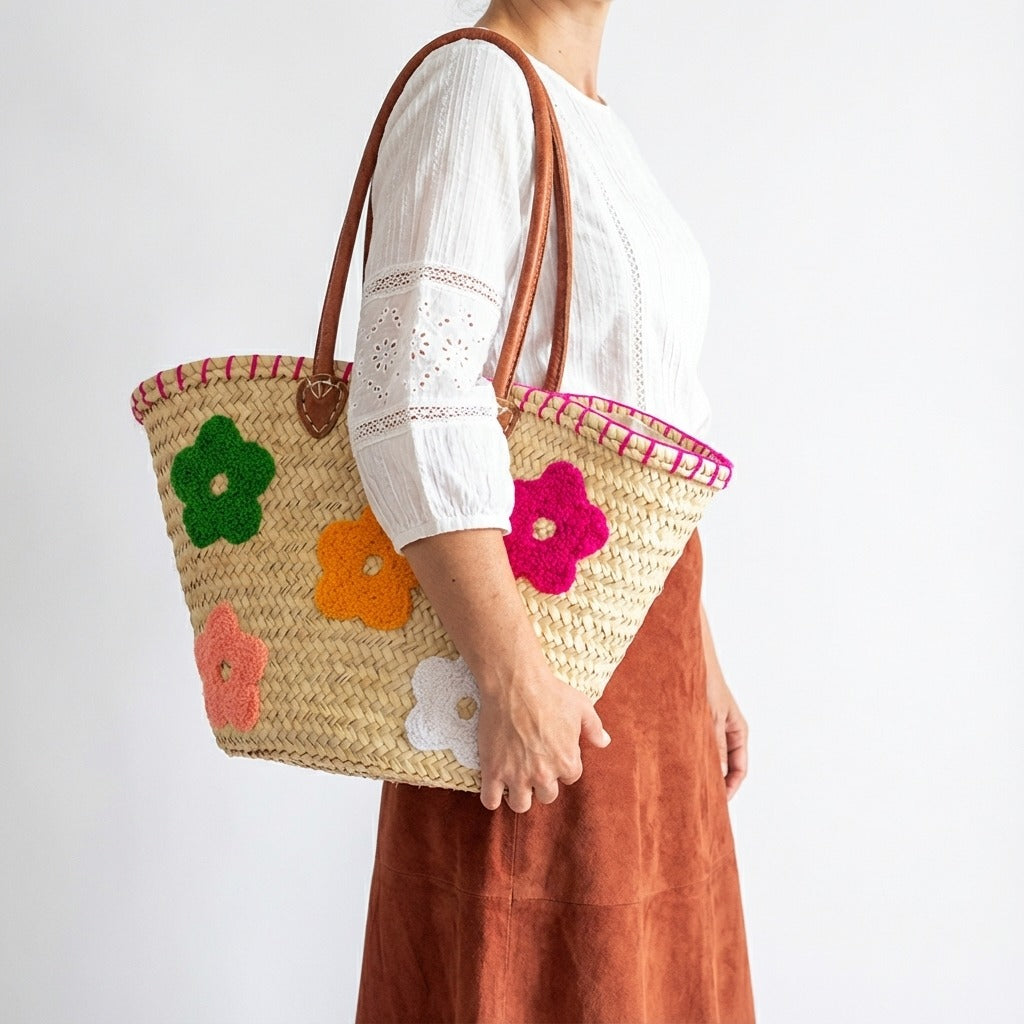 Floral Straw Tote Bag with Leather Handles - Woven Summer Market Basket