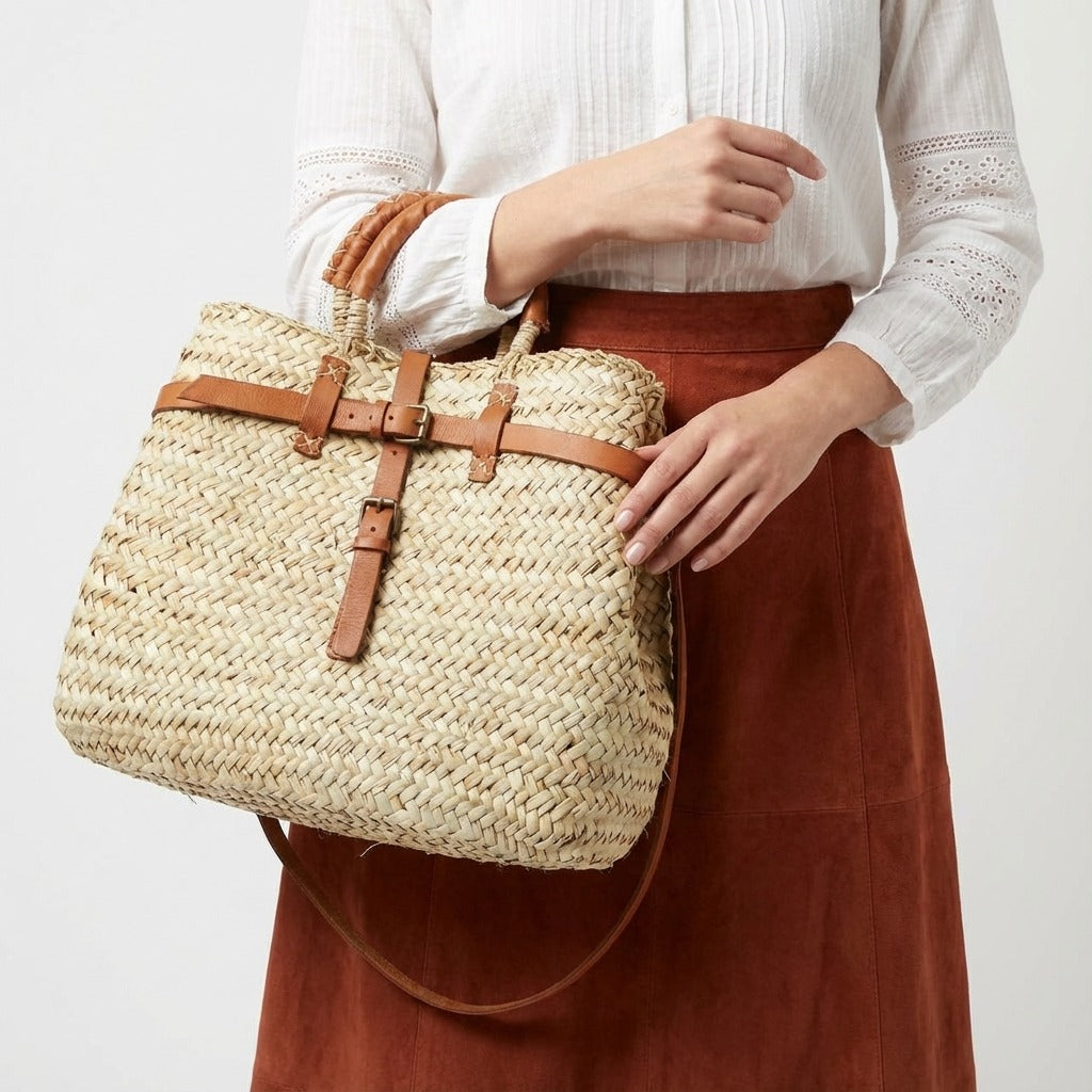 Woven Straw Tote Bag with Leather Handles & Strap - Summer Basket