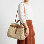 Woven Straw Tote Bag with Leather Handles & Strap - Summer Basket