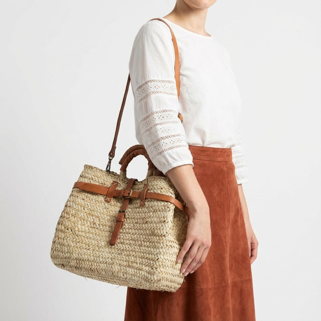 Woven Straw Tote Bag with Leather Handles & Strap - Summer Basket