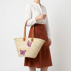 Butterfly Straw Tote Bag French Market Basket Double Leather Handles