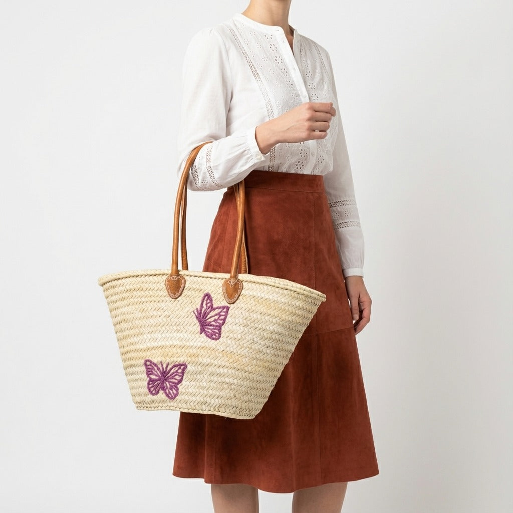 Butterfly Straw Tote Bag French Market Basket Double Leather Handles