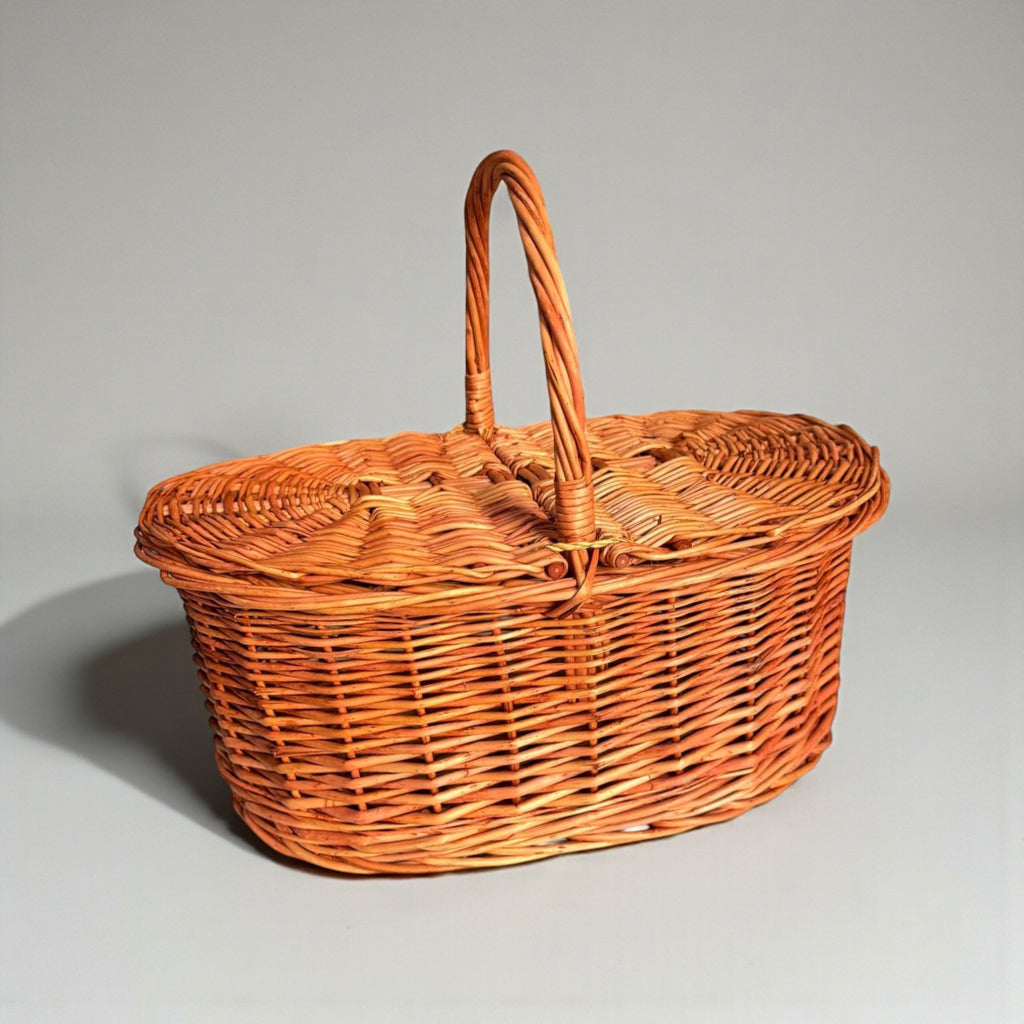 Handmade Wicker Picnic Basket with Double Lid - Oval Willow Hamper