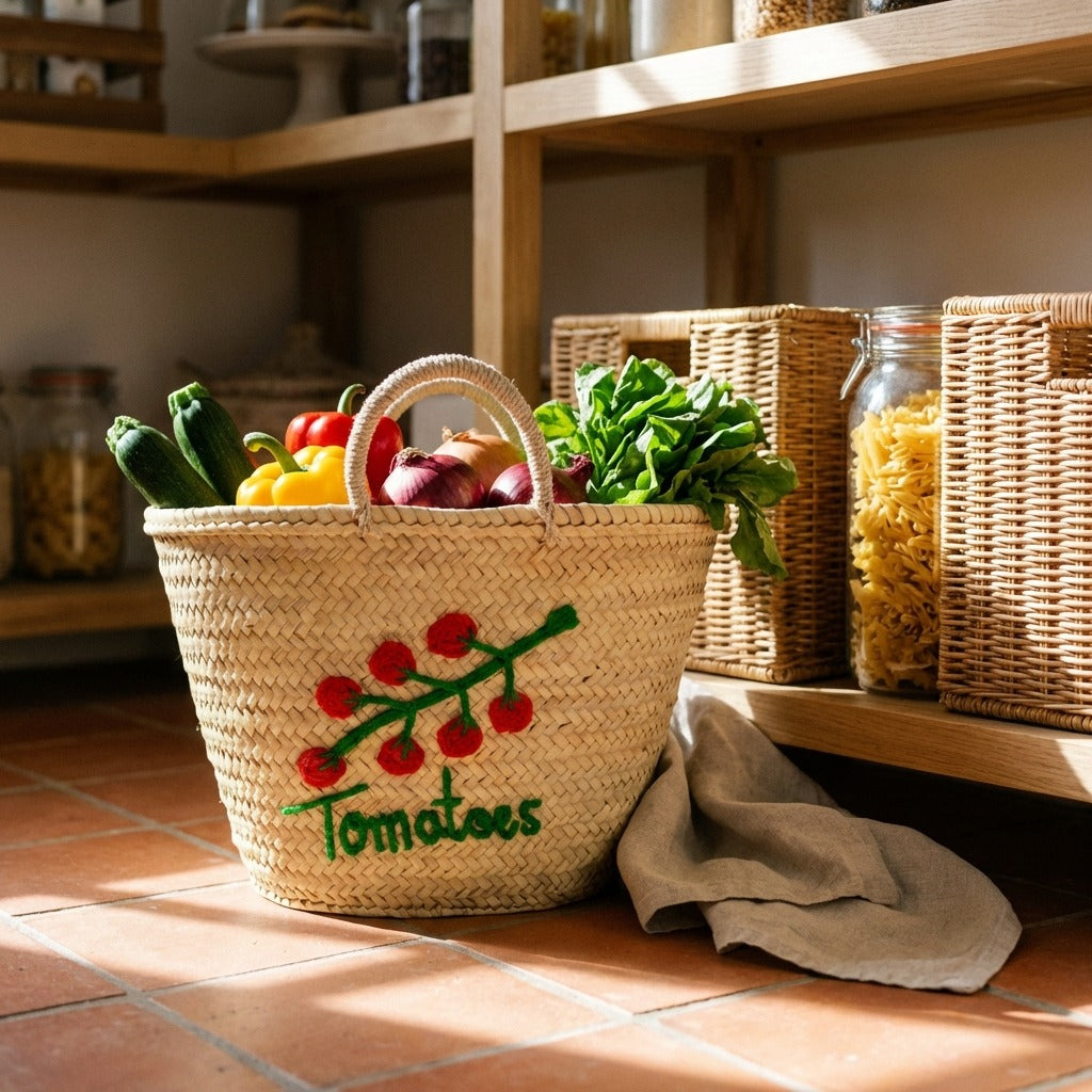 Tomato Embroidered Straw Basket - Handmade Woven Market Tote Bag
