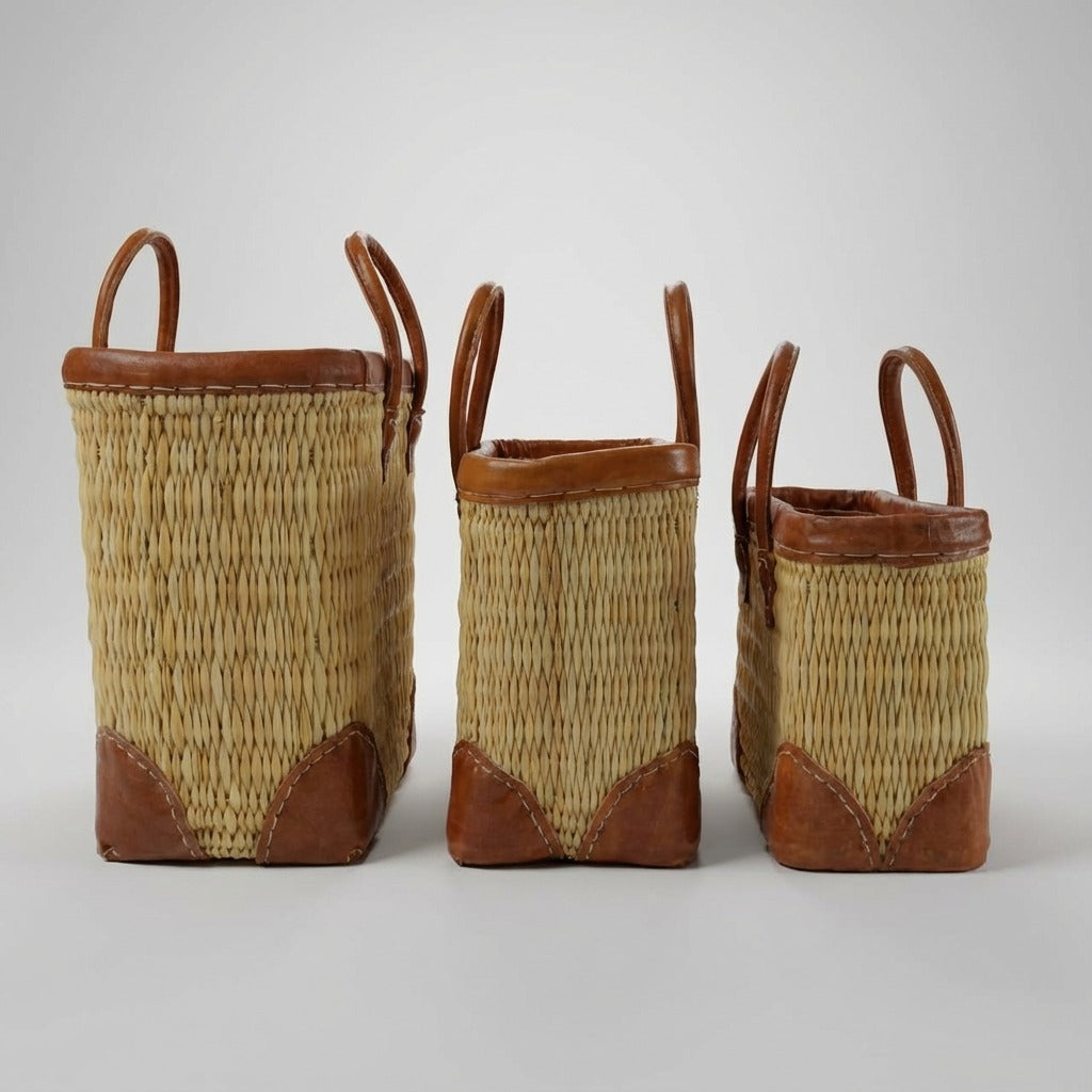 French Market Basket with Leather Handles - Woven Straw Tote Bag