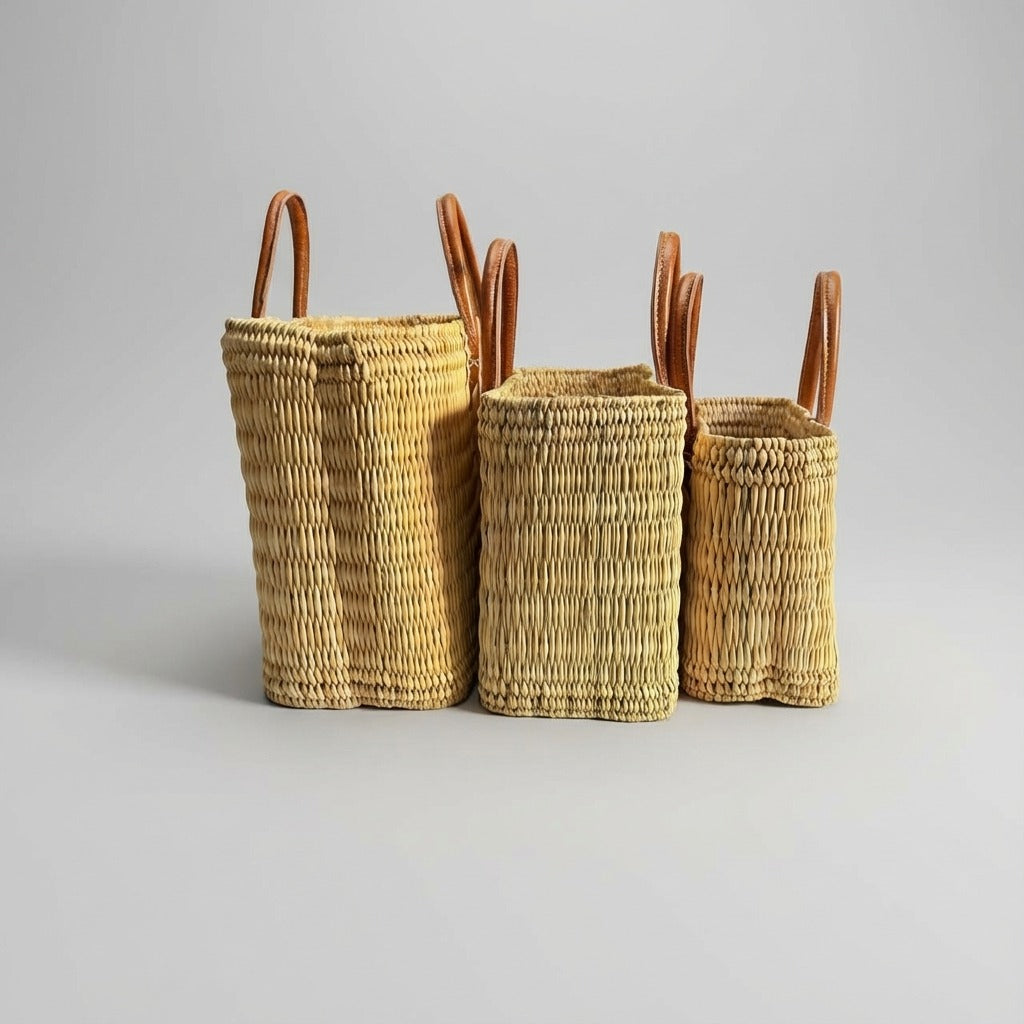 Rectangular Straw Market Bag with Leather Handles - Woven Beach Tote