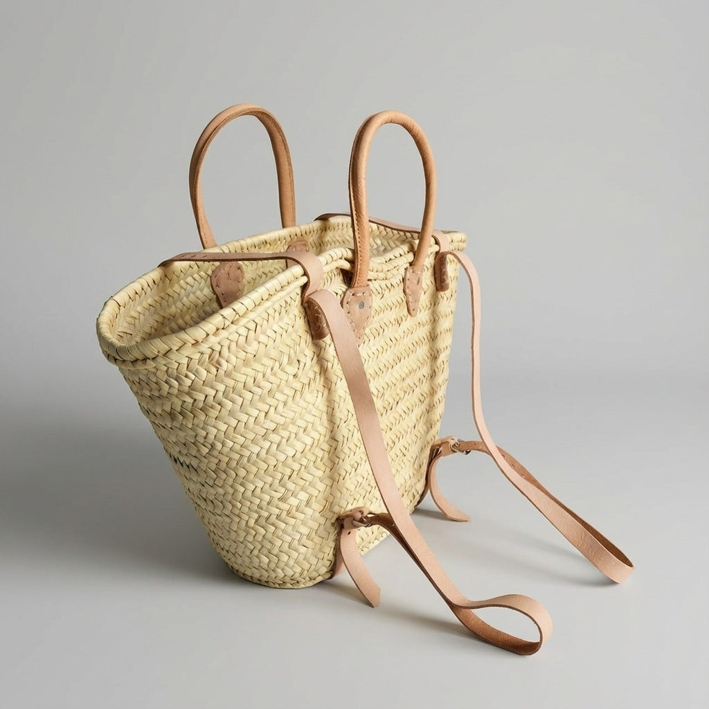 French Market Straw Backpack with Leather Straps