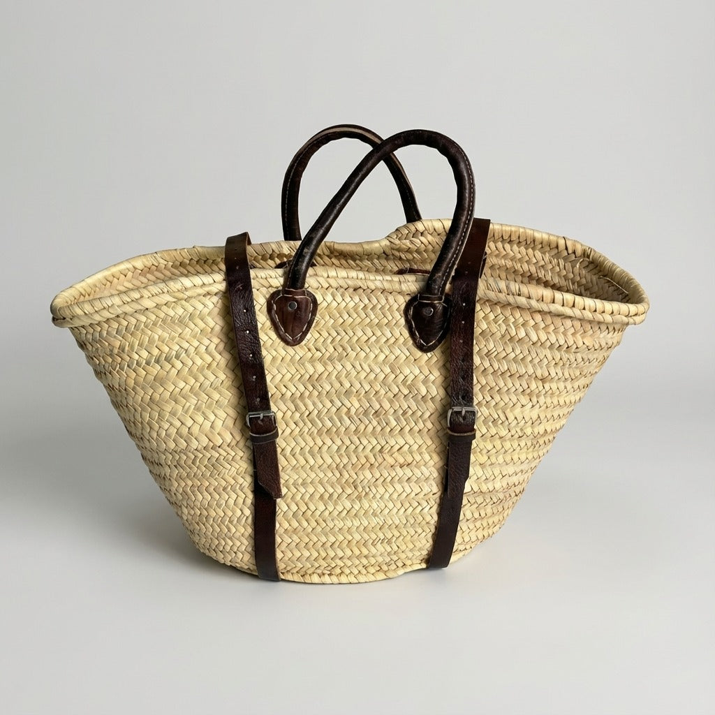 French Market Straw Backpack with Leather Straps