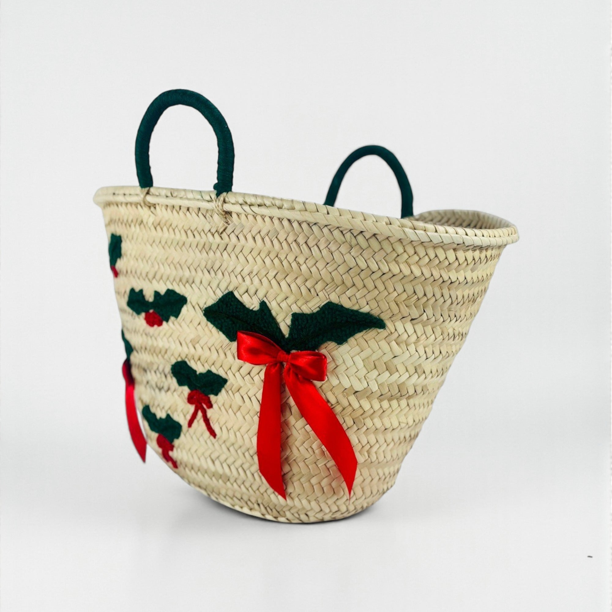 Festive Holly & Bow Straw Tote Bag - Christmas Market Basket