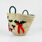 Christmas Holly Straw Tote Bag - Woven Holiday Market Basket
