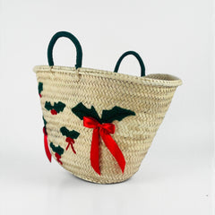 Festive Holly & Bow Straw Tote Bag - Christmas Market Basket