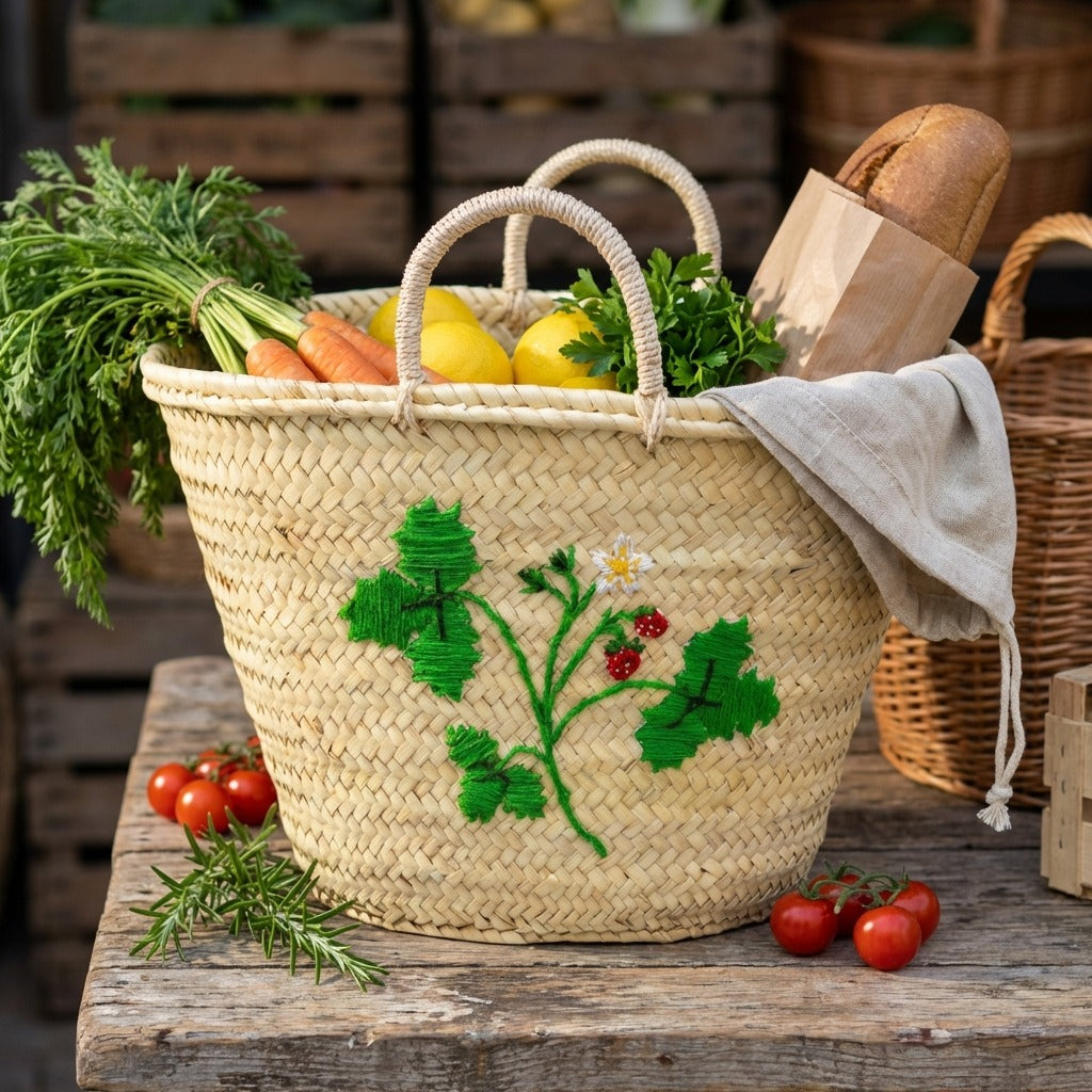 Strawberry Embroidered Straw Basket Bag - Handmade Market Tote