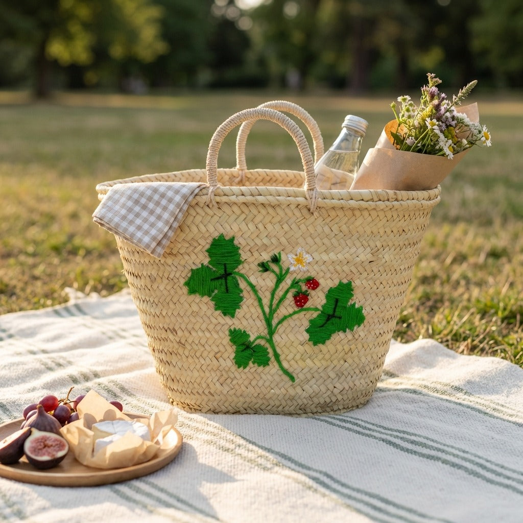 Strawberry Embroidered Straw Basket Bag - Handmade Market Tote