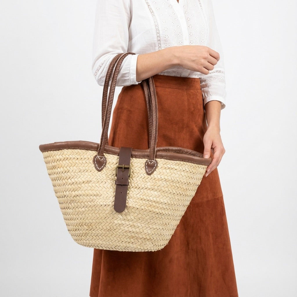 French Market Basket Straw Tote Bag with Leather Handles & Buckle Strap