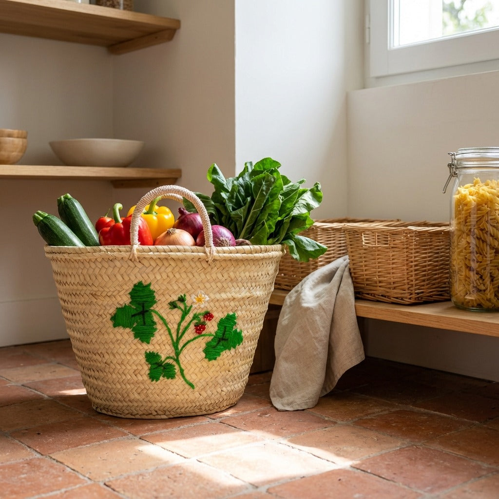 Strawberry Embroidered Straw Basket Bag - Handmade Market Tote