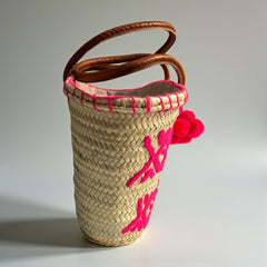Handwoven Pink Arabesque Straw Tote Bag with Leather Handles & Pom Pom | Bohemian Beach Market Bag