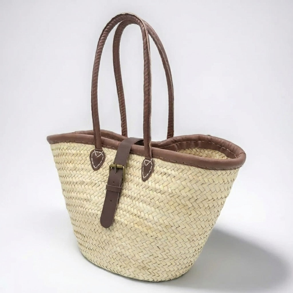 French Market Basket Straw Tote Bag with Leather Handles & Buckle Strap