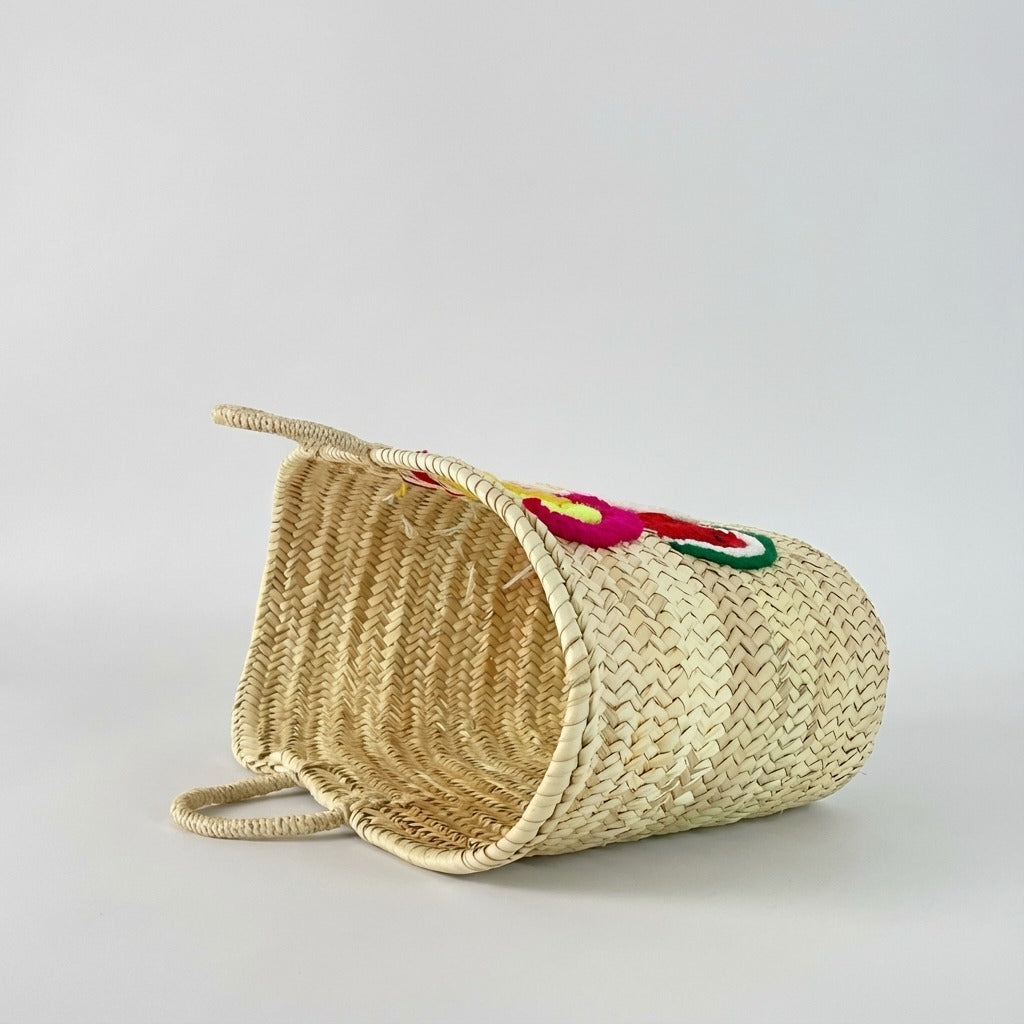 Straw Market Basket with Embroidered Flower and Watermelon Design