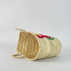 Straw Market Basket with Embroidered Flower and Watermelon Design