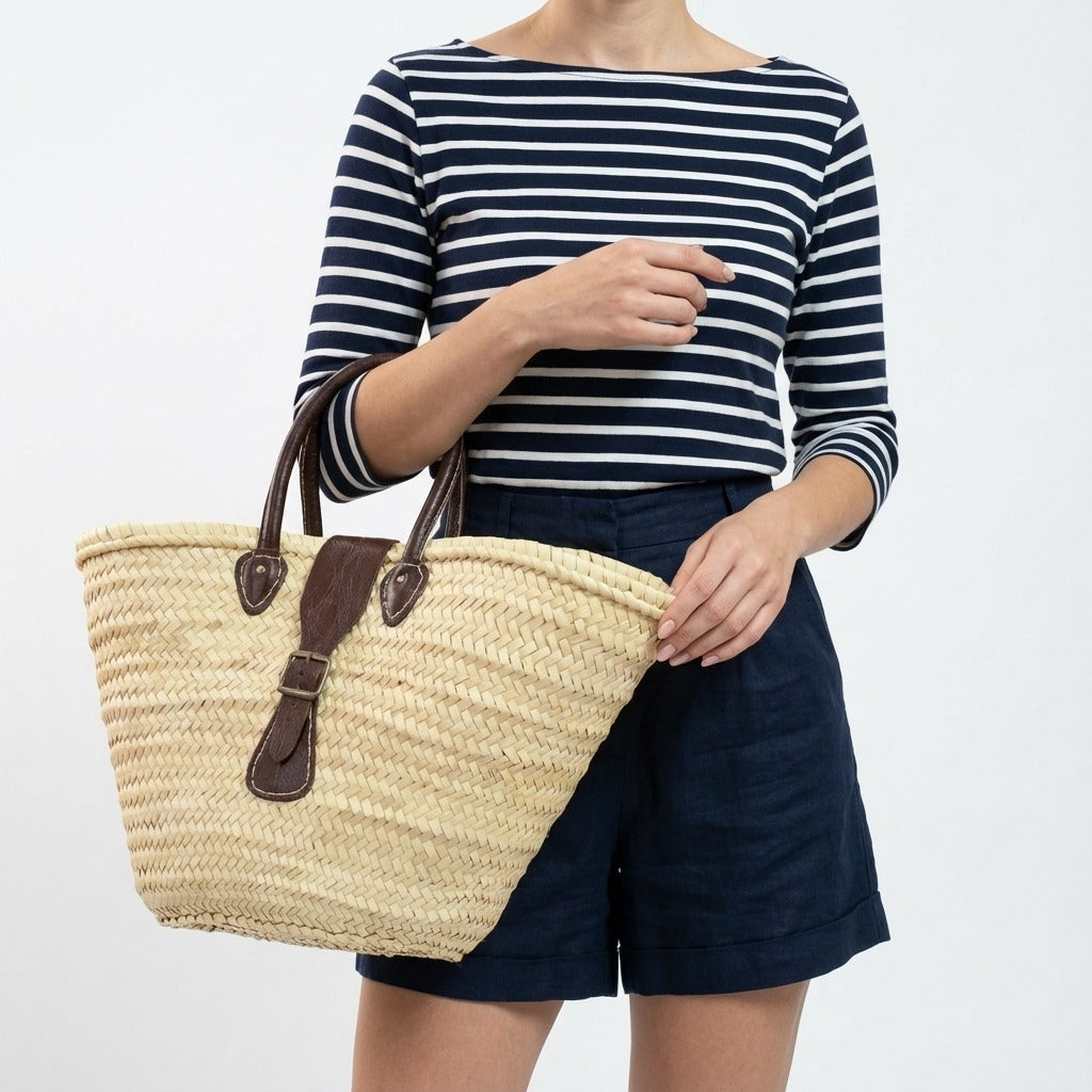 Luxury Woven Straw Beach Bag with Leather Handles